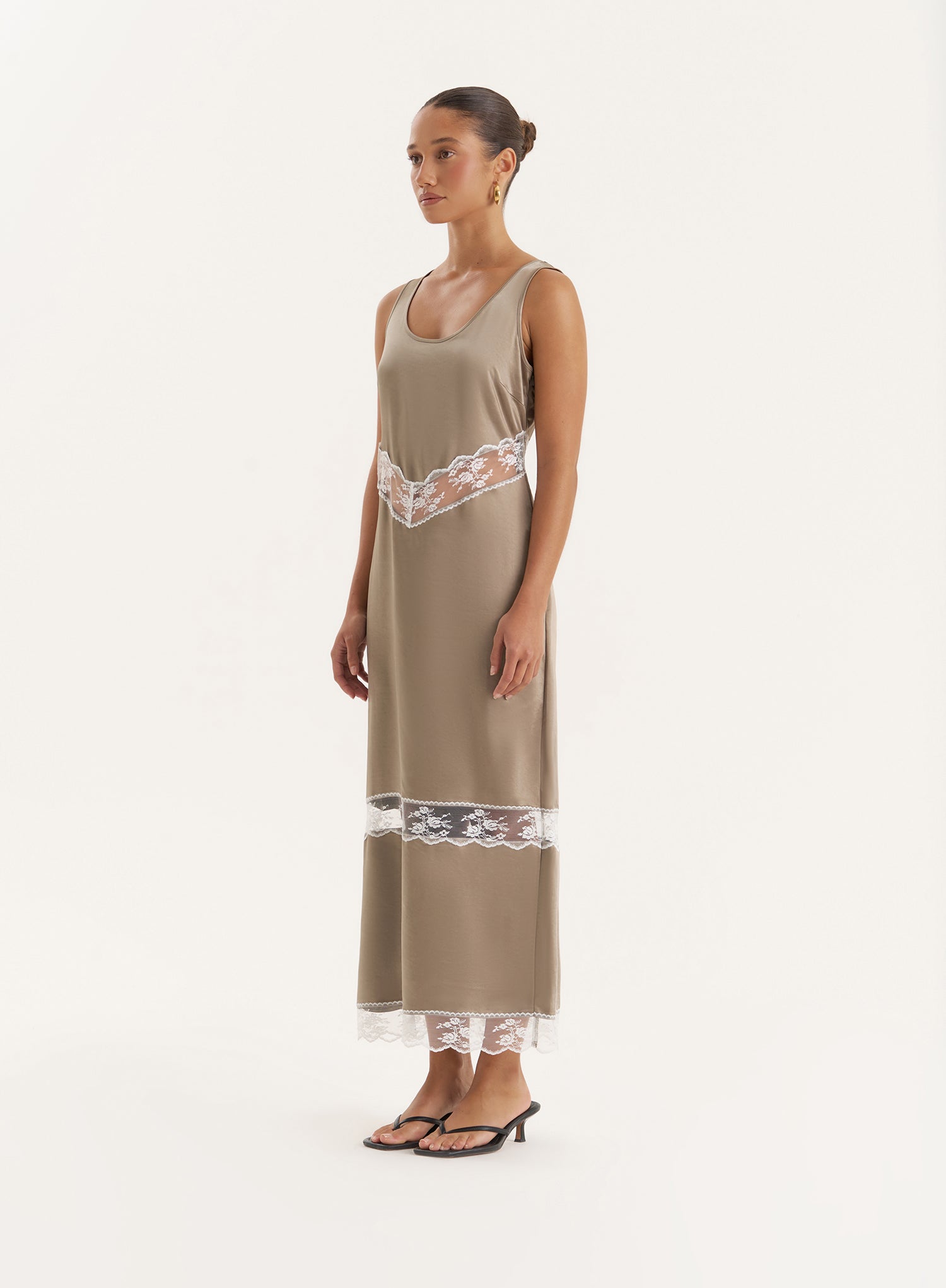 Khaki Satin Lace Cut Out Maxi Dress